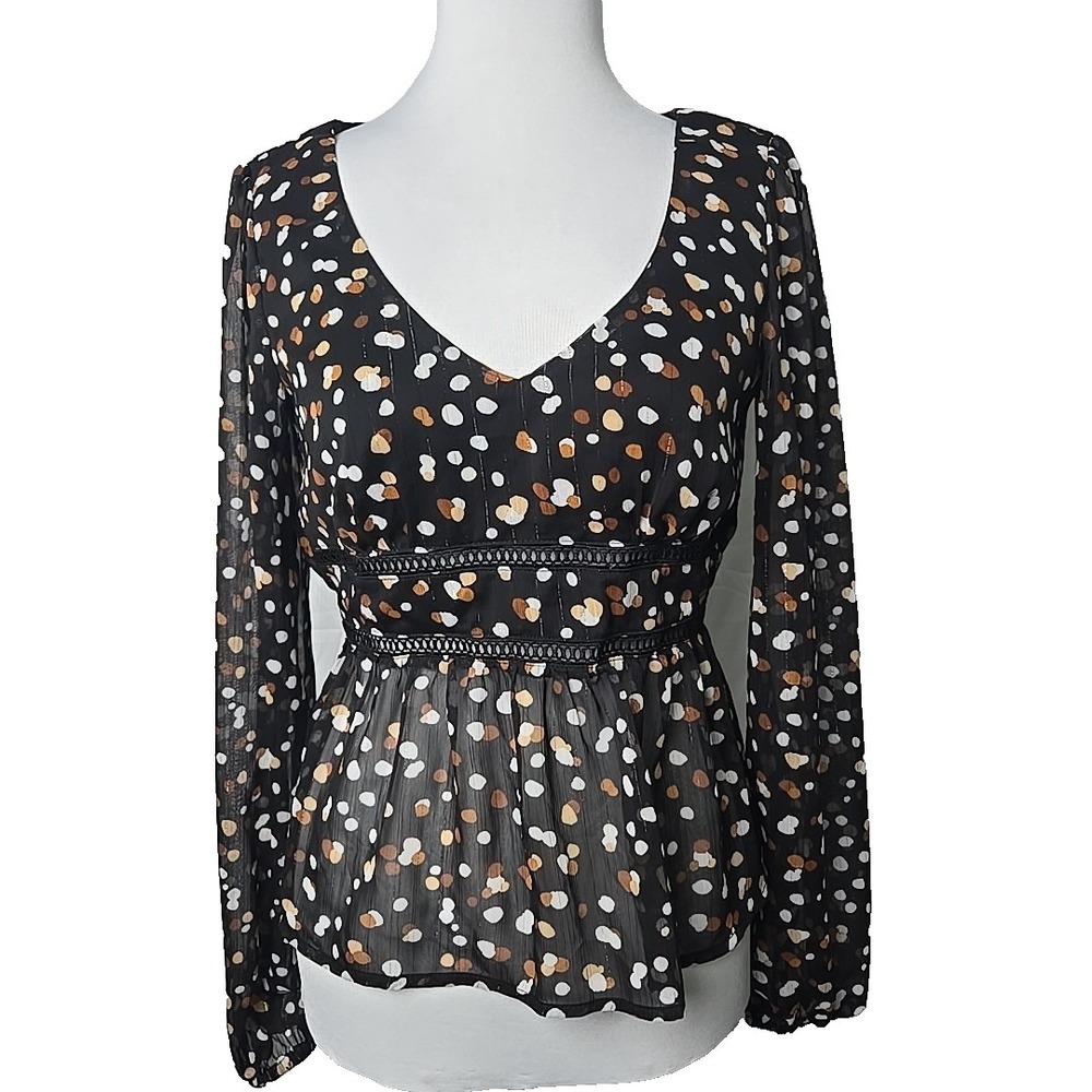 Mi ami Black Dot Print Chiffon Shear Long Sleeve Peplum Top Junior Medium M